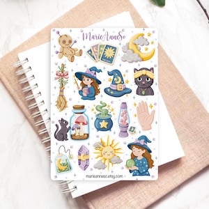 Stickers Sorcière Kawaii, Magie Noire - Planches Autocollants Magie, Ésotérisme, Chat Noir, Tarot, Soleil & Lune - Stickers Journal, Planner