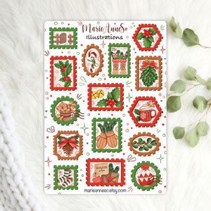 Feuille d’Autocollants Vintage Noël et Hiver - Timbres illustrés - Stickers pour la Décoration de Planner, Journal et Scrapbooking