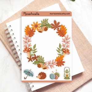 Feuille d’Autocollants Automne - Couronne de Feuilles et Décorations de Saison pour Planner, Journaux et Scrapbooking