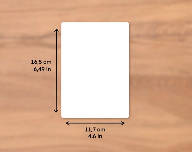 May include: A white blank card with dimensions of 6.49 inches by 4.6 inches.