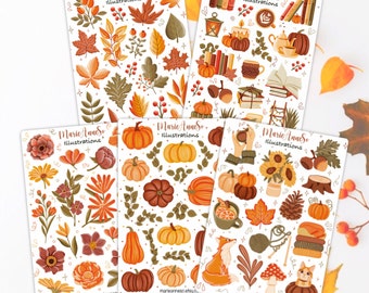 Lot de 5 feuilles d'autocollants - Automne | Stickers de saison, Citrouille - Bullet journal Sticker, Planner Stickers, Scrapbook Stickers