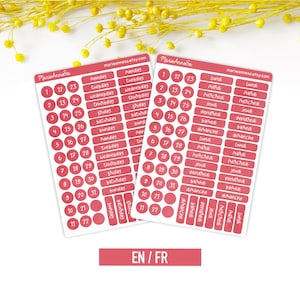 May include: Two sheets of coral-coloured planner stickers featuring numbered circles from 1 to 31 and rectangular labels with the days of the week in English and French. The text "marieannesa.etsy.com" is printed at the top of each sticker sheet.