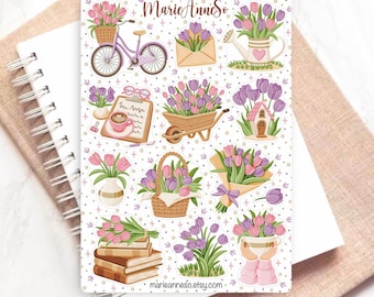 Foglio di adesivi con tulipani primaverili | Adesivi per agenda e diario | Agenda e diario in stile cottagecore | Adesivi per bullet journal | Adesivi per scrapbooking