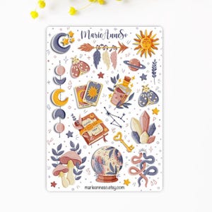 Hoja de pegatinas celestiales, pegatinas místicas de tarot lunar, pegatinas cottagecore boho witchy para agenda, hoja de pegatinas de cristal para diario
