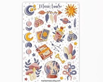 Celestial Sticker Sheet, Mystical Moon Tarot Stickers, Cottagecore Boho Witchy Planner Sticker, Crystal Journal Sticker Sheet