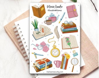 Feuille d’autocollants - Livres, Lecture, Cozy | Stickers Bullet Journal, Autocollants Planner, Sticker Scrapbook