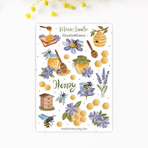 Feuille d'Autocollants Thème Abeilles, Miel et Fleurs - Stickers Doux et Naturels pour Journal, Planner et Scrapbooking