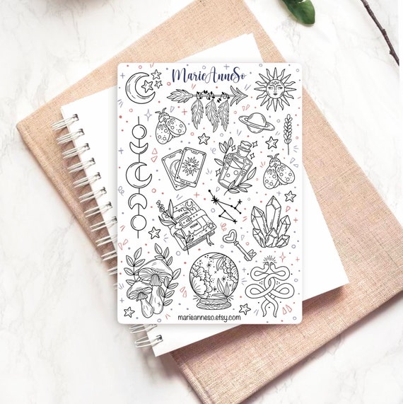 Witchy Coloring Sticker Sheet | Mystical Astrology Blank Sticker | Color Your Own Tarot Moon Sticker | DIY Magic Sticker Sheet