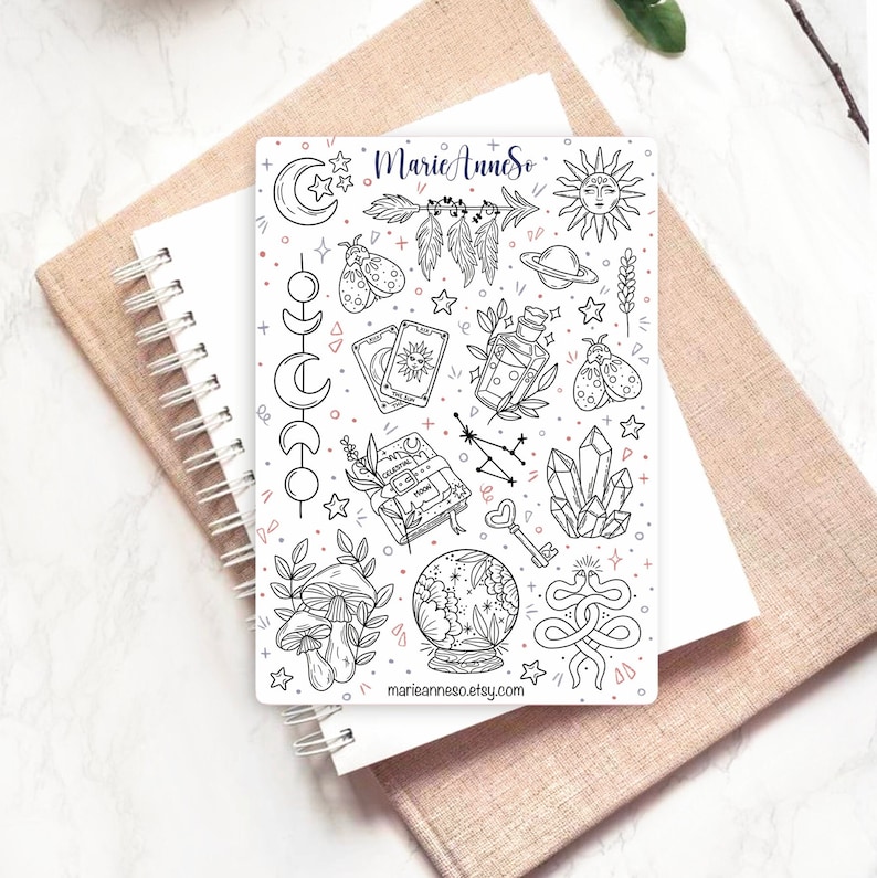 Witchy Coloring Sticker Sheet | Mystical Astrology Blank Sticker | Color Your Own Tarot Moon Sticker | DIY Magic Sticker Sheet image 1
