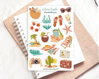 Feuille d’autocollants - Vacances d'été, le soleil | Stickers journal de balle, autocollants d'été, autocollants de plage, scrapbooking