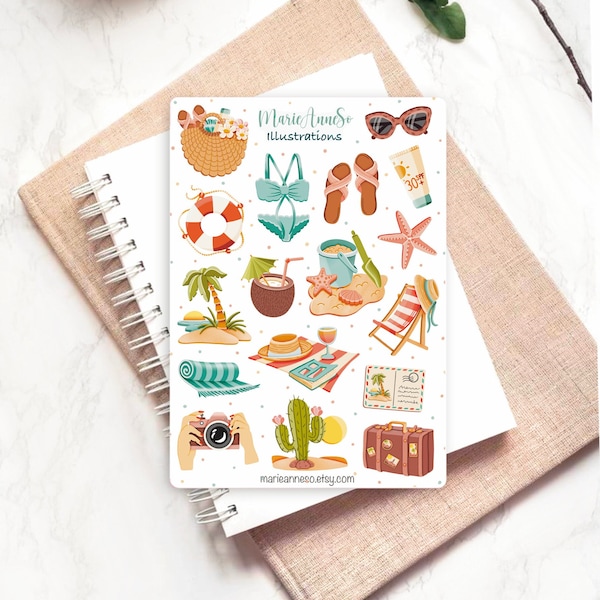 Feuille d’autocollants - Vacances d'été, le soleil | Stickers journal de balle, autocollants d'été, autocollants de plage, scrapbooking