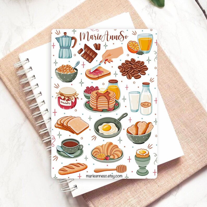 Feuille d'autocollants petit déjeuner Autocollants de journal, stickers planner, stickers bullet journal & scrapbooking, routine matinale image 1