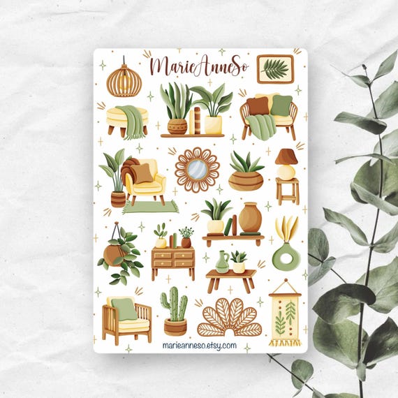 Boho Plant Stickers, Cottagecore Furniture Sticker Sheet, Houseplant Planner Stickers, Aesthetic Home Decor Kawaii Stickers, Journal Deco