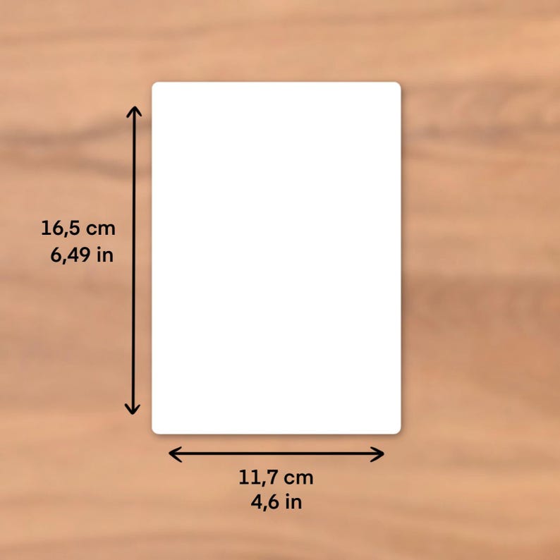 May include: A white rectangular product with dimensions of 6.49 inches in height and 4.6 inches in width, displayed on a wooden surface. The product's measurements are clearly indicated with black arrows and text.
