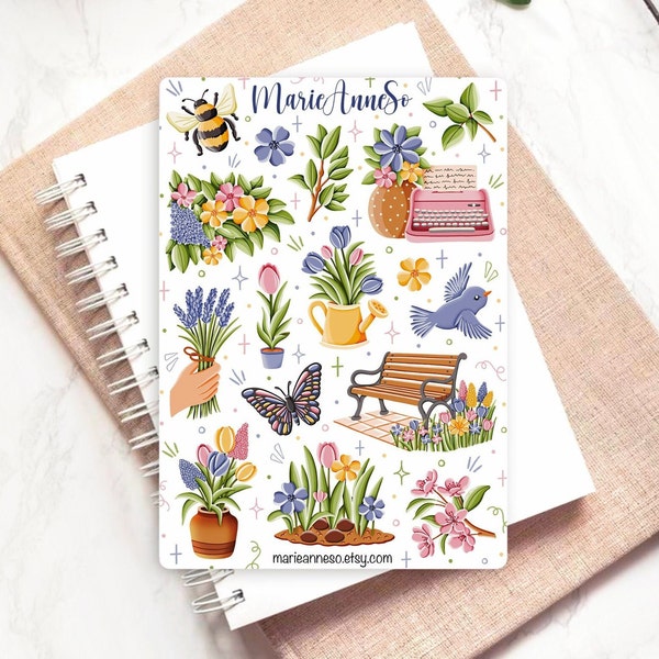 Feuille d’autocollants Fleurs, Printemps, Jardinage | Stickers planner, autocollant de journalisation, journal à puces, scrapbooking