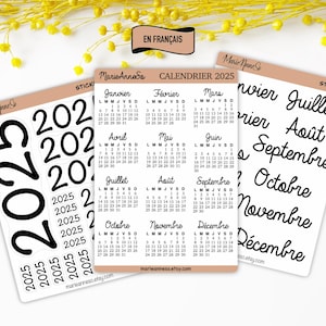 3 fogli di adesivi per il calendario 2025 in inglese o francese - Mini calendari, mesi dell'anno, adesivi per planner