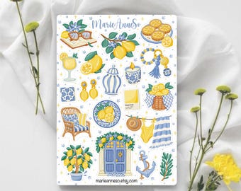 Lemon Coastal Sticker Sheet | Mediterranean Sticker | Scrapbooking | Junk Journal | Kawaii | Summer Sticker | Cottagecore