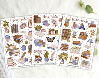 Set of 3 Cozy Book & Reading Sticker Sheets | Bookish Planner Stickers | Reading Stickers for Planners, Journals and Scrapbooking