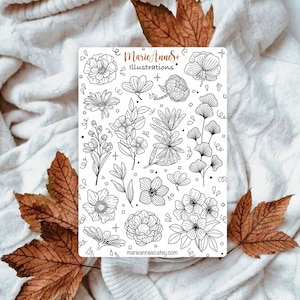 Feuille d’Autocollants Fleurs à Colorier - Thème Automne | Stickers pour Planner, Scrapbook, Bujo, Journaling