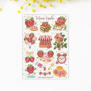 Feuille d’Autocollants sur le thème des Fraises - Stickers pour Journal, Planner, Calendrier, Scrapbooking - Jardinage - Fleurs d'été