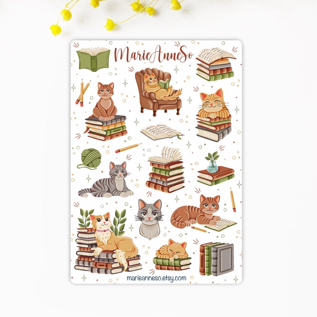Cats, Books and Reading Sticker Sheet - Cozy Stickers for Planners ...