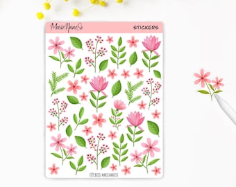 Autocollants Fleurs Roses - autocollants Planner, stickers bullet journal, Scrapbook, autocollants de nature, autocollant floral, verdure