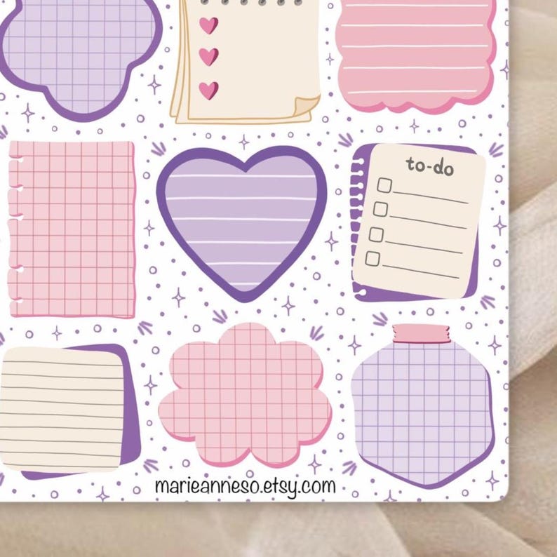 May include: A selection of pastel-coloured sticky notes and notepads in diverse shapes, including clouds, hearts, and rectangles. The notes are in shades of pink and purple, with a white background and the text "to-do" on one. The Etsy shop name "marieanneso.etsy.com" is at the bottom.