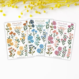 Lot de 3 Feuilles d’Autocollants Floraux - Fleurs Roses, Bleues et Jaunes - Stickers Décoratifs pour Scrapbooking, Bujo, Journal et Planner