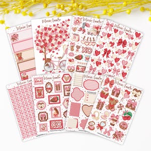 Lot de 8 Feuilles d’Autocollants Saint Valentin - Stickers Romantiques sur le Thème de l'Amour pour Planner, Journal et Scrapbooking