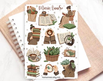 Book Lover Sticker Sheet | Cozy Reading Journaling Girl Stickers | Coffee Books Cottagecore Planner Stickers | Bookish Sticker Sheet