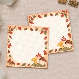 Notepad Autumn Mushroom, Square Grid Cottagecore Stationery, Hand Drawn Paper Pad Made in France