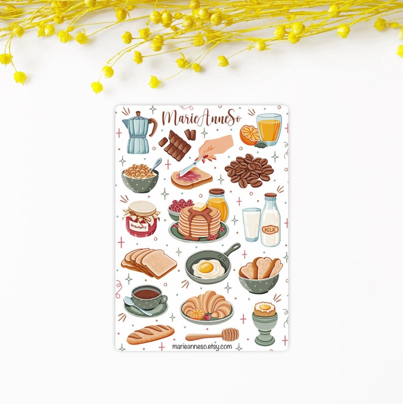 Feuille d'autocollants petit déjeuner Autocollants de journal, stickers planner, stickers bullet journal & scrapbooking, routine matinale image 5