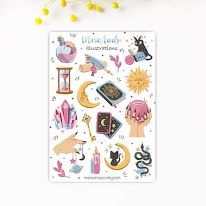 Feuille d’Autocollants Sorcière, Astrologie et Lunes - Stickers Mystiques - Stickers Magiques pour Planner, Journal et Scrapbooking