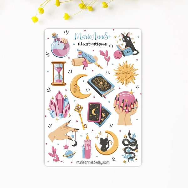 Feuille d’autocollants  Lune, Ciel, Oracle, Astrologie, Sorcière | Autocollants Planner, Sticker Scrapbook, Witchy stickers