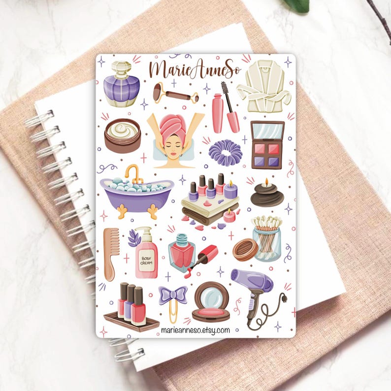 Sticker Sheet Self-Care & Beauty | Spa Makeup Well-Being Stickers | Skincare Planner Journal Stickers | Bullet Journal Scrapbooking image 3