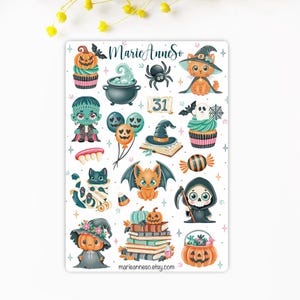 Feuille d'Autocollants Halloween - Illustrations Adorables pour Planner, Scrapbooking, Planificateur, Journal - Thème Kawaii