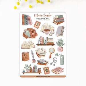 Foglio di adesivi - Tema libri e lettura - Adesivi per planner, diario e scrapbooking - Illustrazioni bibliofile