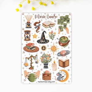 Feuille d’Autocollants Sorcière, Astrologie et Lunes - Stickers Mystiques - Stickers Magiques pour Planner, Journal et Scrapbooking