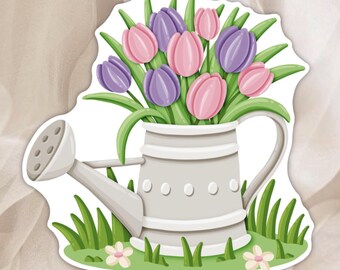 Adesivo con annaffiatoio e tulipano | Adesivo con fiori primaverili | Agenda accogliente, journaling e cancelleria