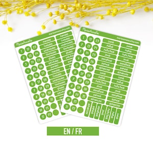 May include: Two sheets of green planner stickers featuring white numbers from 1 to 31 in circles and rectangular labels with days of the week in English and French. The text marieanneso.etsy.com is printed at the top of each sticker sheet.