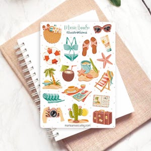 Feuille d’Autocollants Été, Plage, Vacances - Stickers pour Journal, Scrapbooking, Planner