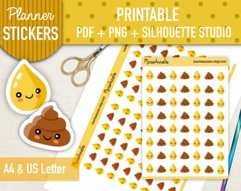 56 zindelijkheidstrainingstickers om af te drukken - plassen, kak emoji's - Afdrukbare plannerstickers, plannerstickers