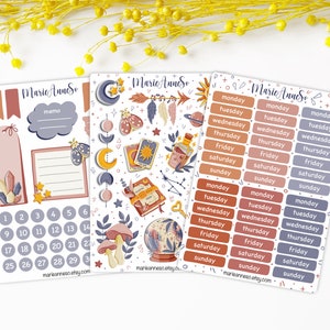 Lot de 3 Feuilles d’autocollants Lune, Ciel, Oracle, Astrologie, Sorcière | Autocollants Planner, Sticker Scrapbook, Witchy stickers