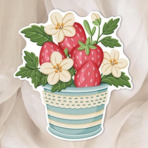 Autocollant Pot de Fraises - Sticker Fleuris pour Agenda, Scrapbook et Planner - Autocollant Fruité