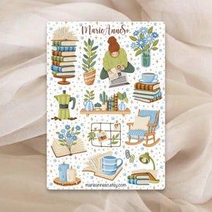 Foglio di adesivi per lettura accogliente - Adesivi per planner, diario, scrapbooking - Atmosfera primaverile, letteraria e confortevole