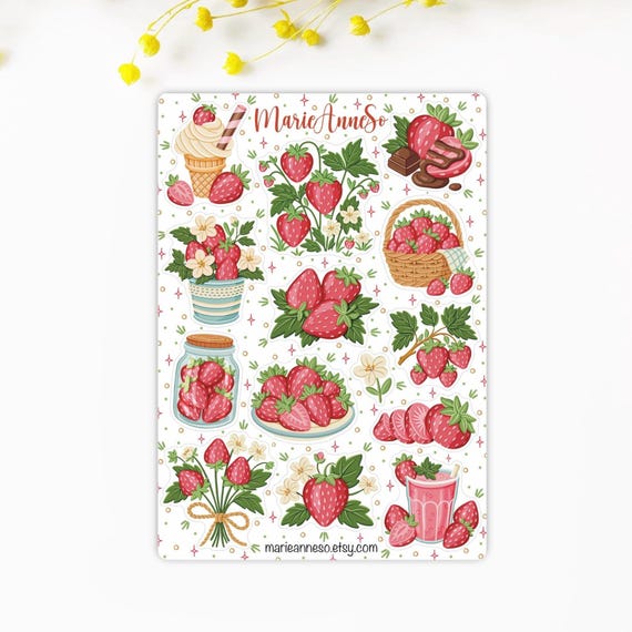Sticker Sheet Fraises Kawaii | Stickers Fruits Rouges Cottagecore | Stickers Planner Journal Scrapbooking | Ambiance Été Gourmande