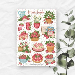 Foglio di adesivi a tema fragola - Adesivi per diario, pianificatore, calendario, scrapbooking - Giardinaggio - Fiori estivi