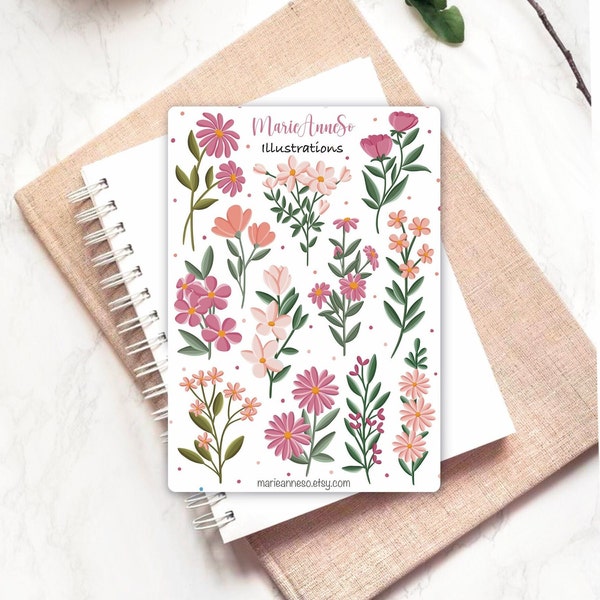 Autocollants Fleurs Roses - autocollants Planner, stickers bullet journal, Scrapbook, autocollants de nature, autocollant floral, verdure