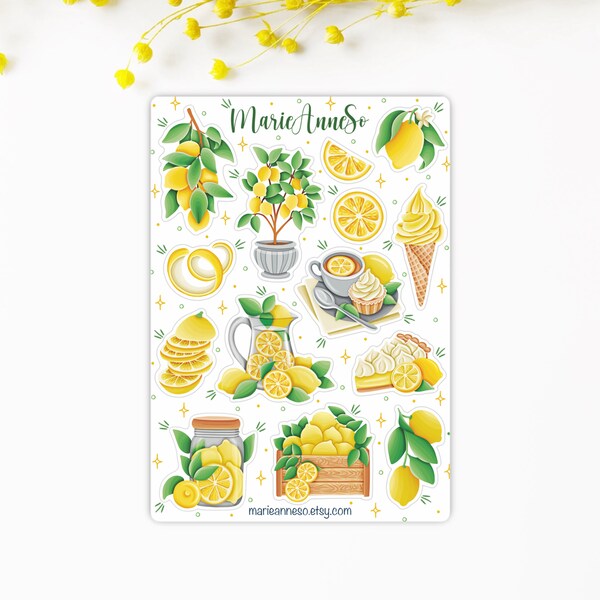 Autocollants "Citron, Fleurs, été" | Feuille d'autocollants pour agenda | Autocollants pour journaux | Bullet journal planner