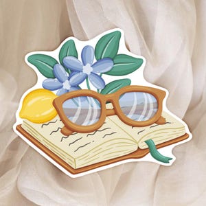 Sticker met boek, citroen en bloemen - zomerthema - sticker voor dagboek, plakboek en planner - reisbenodigdheden